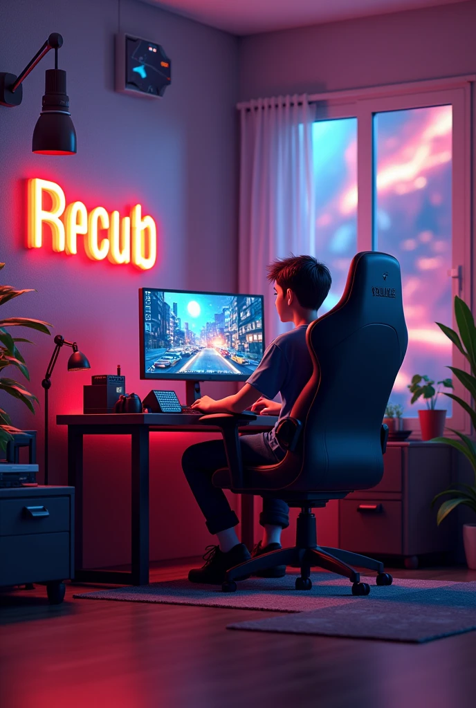 The pubg player sit on the gamer chair player face is don't see and the channel name is big
on back wall name is offonelive