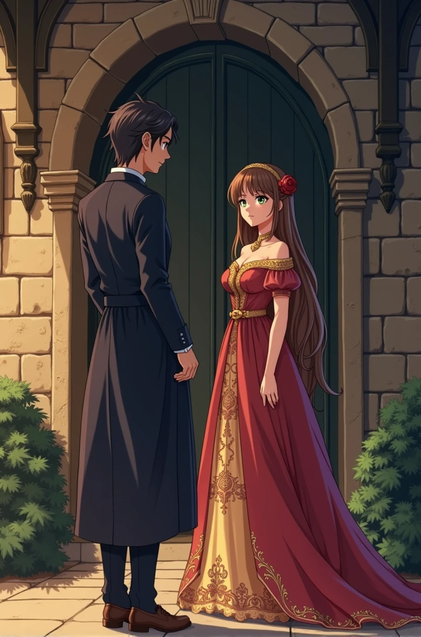 Anime version (medieval) at the entrance of a house a man with dark hair with a stunned look seeing a woman with long brown hair with green eyes a little shy with a magnificent evening dress