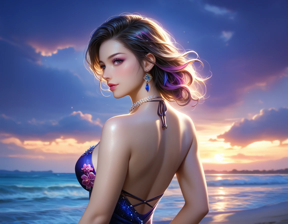 score_9, score_8_superior, score_7_superior, A masterpiece in 32K resolution,Highest quality,it is really amazing,Very detailed,Ultra-high resolution,Ultra-realistic,Realistic,Increased depth of field,Cinematic lighting,
Sexy mature Japan woman,
black straight medium hair,Ultra-detailed and beautiful face,Gentle expression,Translucent white skin,Realistic skin texture,
Elegant swimwear,
Elegant and luxurious design,Colorful color patterns,Beautifully detailed decoration,Detailed fabric texture,
Gorgeous necklace,Earrings,
Dark skies before the storm,Dark clouds covering the dark sky,Thunderclouds rolling in,Coastline at night,Stormy seas,delay々A desolate sandy beach that continues,
Dramatic Angle,Great proportions,Beautiful back view,