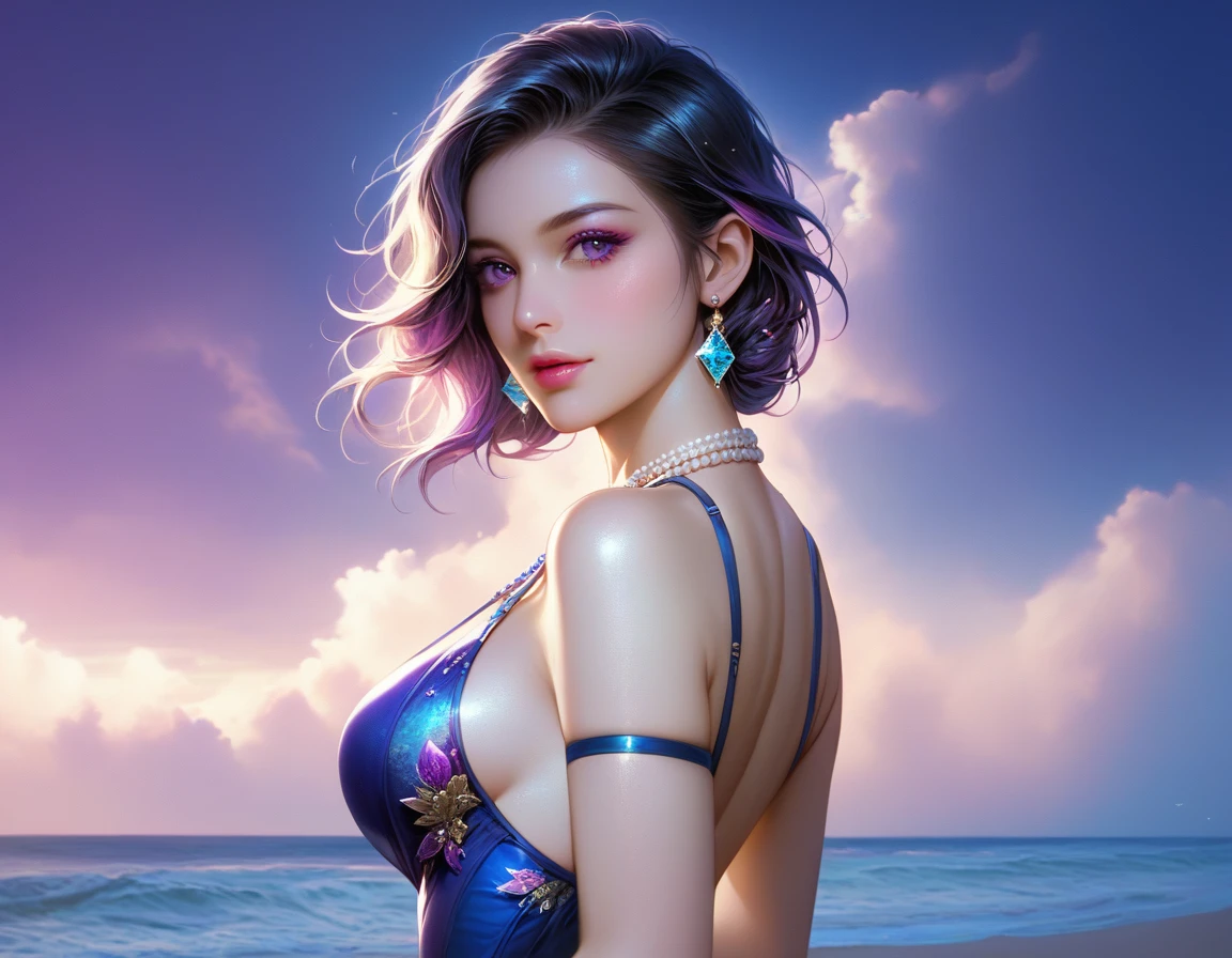 score_9, score_8_superior, score_7_superior, A masterpiece in 32K resolution,Highest quality,it is really amazing,Very detailed,Ultra-high resolution,Ultra-realistic,Realistic,Increased depth of field,Cinematic lighting,
Sexy mature Japan woman,
black straight medium hair,Ultra-detailed and beautiful face,Gentle expression,Translucent white skin,Realistic skin texture,
Elegant swimwear,
Elegant and luxurious design,Colorful color patterns,Beautifully detailed decoration,Detailed fabric texture,
Gorgeous necklace,Earrings,
Dark skies before the storm,Dark clouds covering the dark sky,Thunderclouds rolling in,Coastline at night,Stormy seas,delay々A desolate sandy beach that continues,
Dramatic Angle,Great proportions,Beautiful back view,