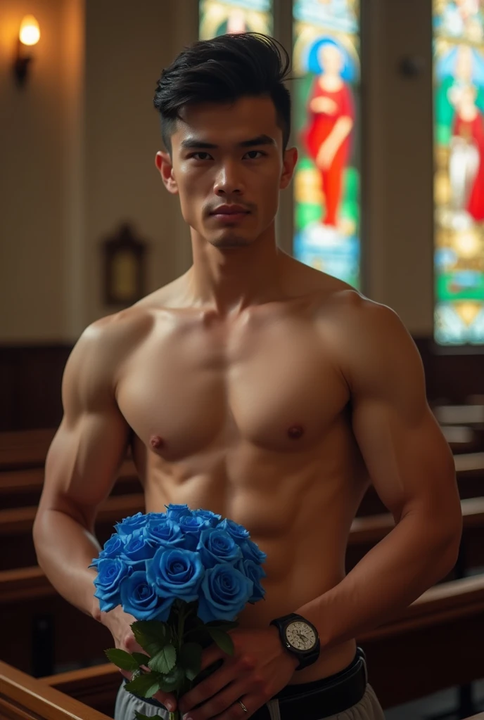 k hd，8K resolution，professional photoshooting，profesional lighting，two very attractive vietnam men,the two of them have 25 age old，brush cut，wearing no underwear, sexy, Masculine and handsome, muscular, Beautiful muscles, hairy body,，cool guy，A person holds a bouquet of blue roses in his hand, shirtless， Impressive appearance，In a luxurious and modern cathedral，The church was full of people and it was a happy, Perfect and highlight moments of their lives.，H super cannon，Details are delicate and perfect，best qualityer，delicated，highly  detailed。Ultra-high resolution，Complicated detailinely detailled，physically-based renderingt，Good balance，edge lit，tack sharp focus，photograph of-realistic，photorealistic  art，HDR，realistic model,sweat, lewd face, firm chest, sexual, provocative, lustful, accessories include a luxury wristwatch, casual cufflinks and a simple but elegant leather belt, looking at the viewer, muscle veins, lightly tanned skin, drooling, slimy, sticking out tongue, wanting to show off chest 