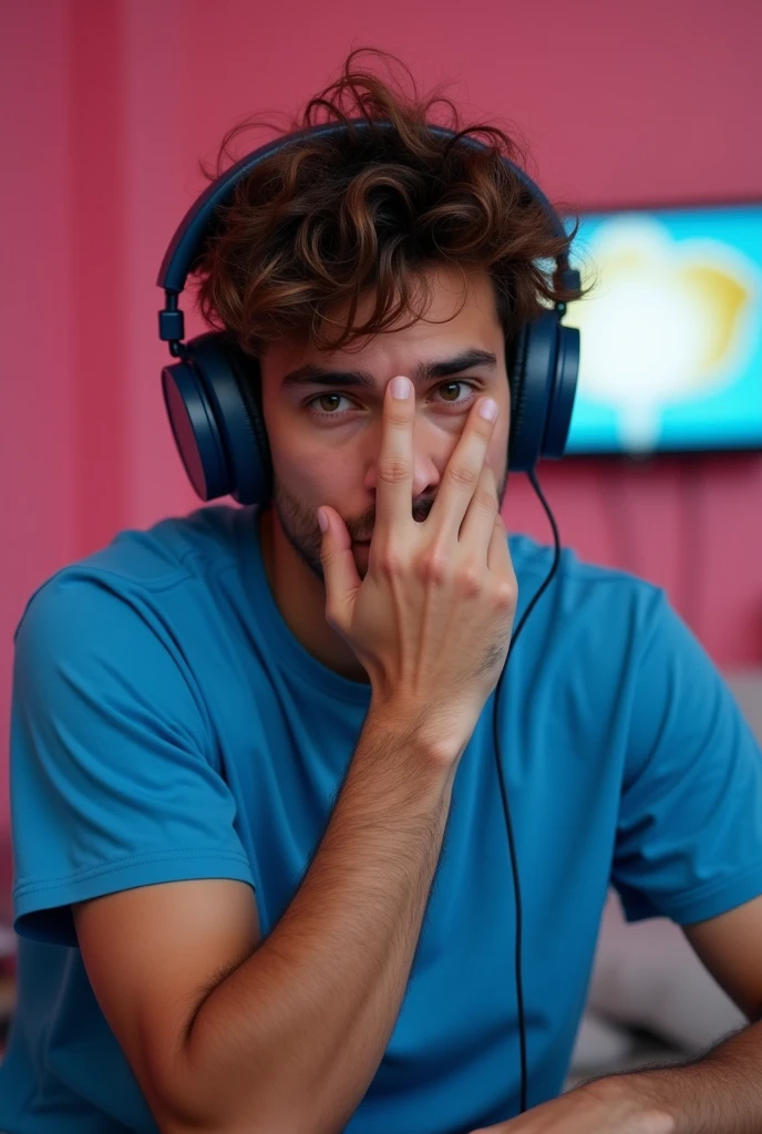 super saiyajin A young man wearing a blue t-shirt and headphones, covering his face with one hand. He is sitting in a room with pink walls, and there's a TV on the wall behind him., ao ar livre, treinamento de artes marciais