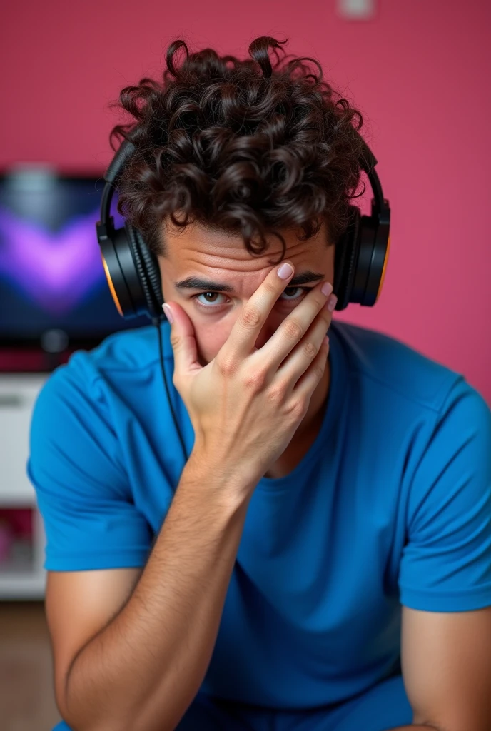 super saiyajin A young man wearing a blue t-shirt and headphones, covering his face with one hand. He is sitting in a room with pink walls, and there's a TV on the wall behind him., ao ar livre, treinamento de artes marciais