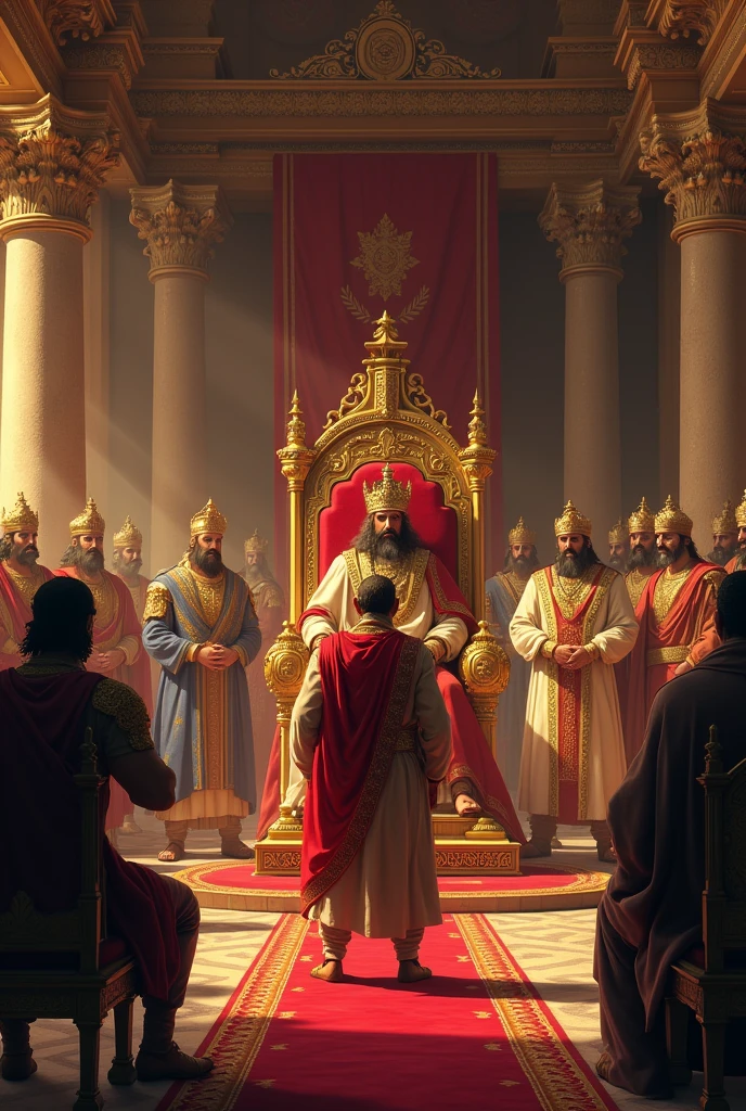 : A grand royal court scene with King Roopsen sitting on a throne, surrounded by ministers. Veervar, a strong and noble Rajput warrior, stands before the king, dressed in traditional warrior attire. The king has a curious expression as he listens to Veervar's unusual request for a thousand tolas of gold.