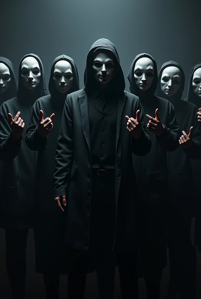 Here's an updated description you can use:

"Generate an image of the Hidden Chronicles, a group of 10 members. The group consists of one adult and nine students from grades 6 to 8. They are all wearing sleek, modern masks, adding to their mysterious vibe. The members are striking cool poses, with some making hand signs like peace signs, rock and roll gestures, or finger guns. The adult stands confidently among them, leading the group. The background is dark and atmospheric, with subtle lighting that emphasizes their presence, creating a sense of a secret, underground movement."