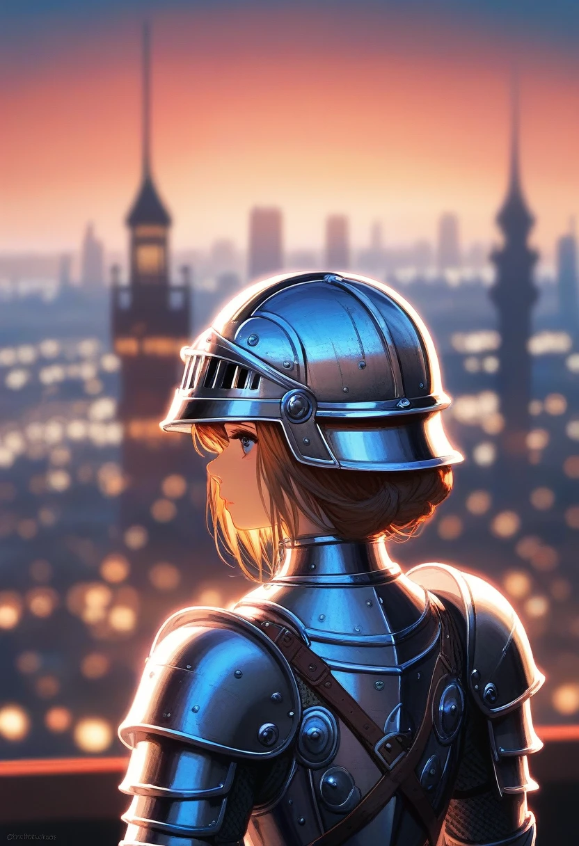 score_9,score_8_up,impressionism,buzzer.sunset.marvelous,cityscape,depth of field,Medieval knight back view,Silver Helmet,Armour,Armor,Hold your head high and your chest high,Short reddish-brown hair