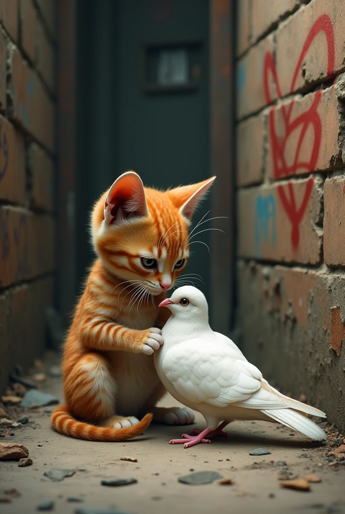 A small, scrappy kitten (representing young Mike Tyson) is seen tenderly caring for his pet pigeon, a delicate white dove. They are in a quiet corner of a gritty urban alley. The kitten's eyes are full of affection as he nuzzles the pigeon. The background includes crumbling brick walls and faded graffiti, reflecting the tough environment of a cat-eat-cat world."