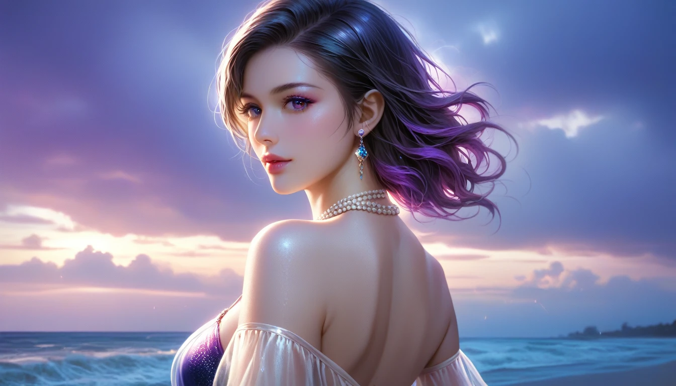 score_9, score_8_superior, score_7_superior, A masterpiece in 32K resolution,Highest quality,it is really amazing,Very detailed,Ultra-high resolution,Ultra-realistic,Realistic,Increased depth of field,Cinematic lighting,
Elegant mature Japanese woman,
black straight medium hair,Ultra-detailed and beautiful face,Calm expression,Translucent white skin,Realistic skin texture,Great proportions,
Sexy high leg dress swimsuit,
Luxurious design,Chic color patterns,Beautifully detailed decoration,Detailed fabric texture,
Gorgeous necklace,Earrings,
Dark skies before the storm,Dark clouds covering the dark sky,Thunderclouds rolling in,Coastline at night,Stormy seas,delay々A desolate sandy beach that continues,
Dramatic Angle,