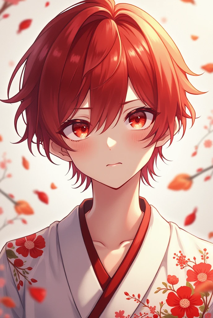 (masterpiece:1.2, best quality), (Exquisite eyes: 1.2), ((1 Boy)), ((Solitary)), (Red Eyes:1.4), (Exquisite eyes and exquisite face:1.3), ( Beautiful clear background: 1.2), (Extremely detailed CG, Very detailed, Best shadow: 1.1), ((Depth of Field)), ((watercolor)), (them: 1.5), (kimono: 1.3), Big , Bare shoulders, flowers and petals, Beautiful concept art, (White background: 0.5), (illustration: 1.1), (Extremely subtle: 1.1), (Perfect details: 1.1), contour, Cowboy shooting,(Red Hair),(The ends of the hair are)
