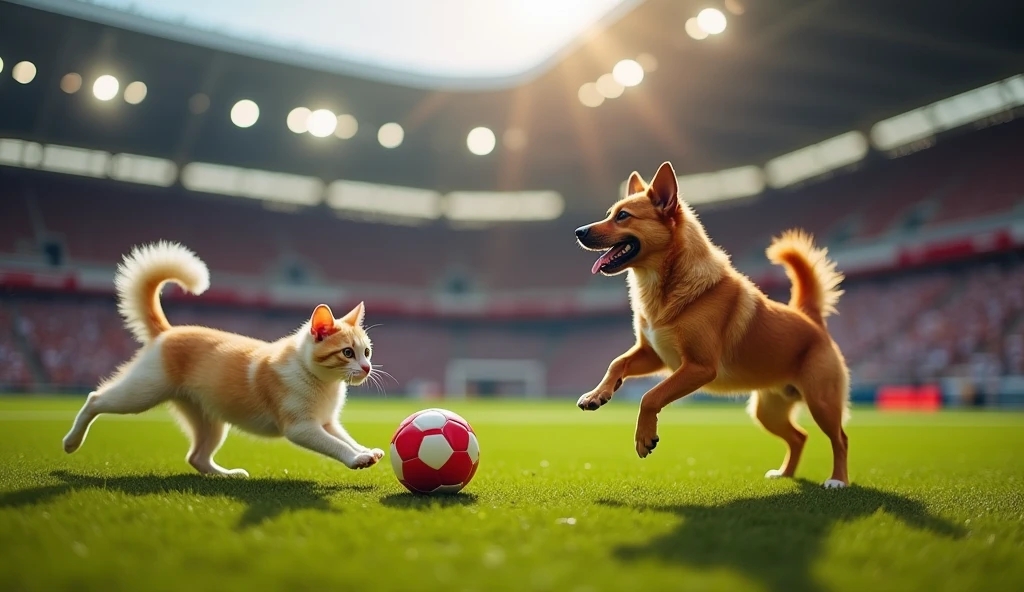 Dogs and cats playing football watched by humans with great atmosphere in a stadium of heat