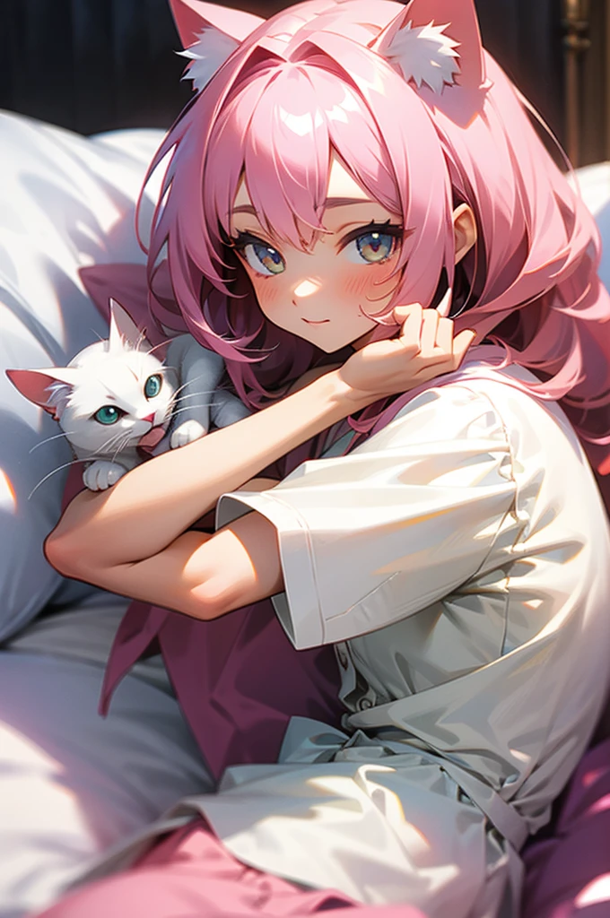 (masterpiece), high definition, Pink haired cat girl playing with a small white cat sitting in a bedroom, high quality, fluffy white cat, pink sheets, pretty, happy, euro girl