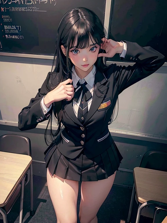 a girl in a black school uniform, detailed vagina, no panty, classroom, bum, up skirt, (best quality,4k,8k,highres,masterplan:1.2),ultra-detailed,(realistic,photorealistic,photo-realistic:1.37),masterpiece,newest,exceptional,detailed eyes,detailed lips,extremely detailed face,long eyelashes,beautiful