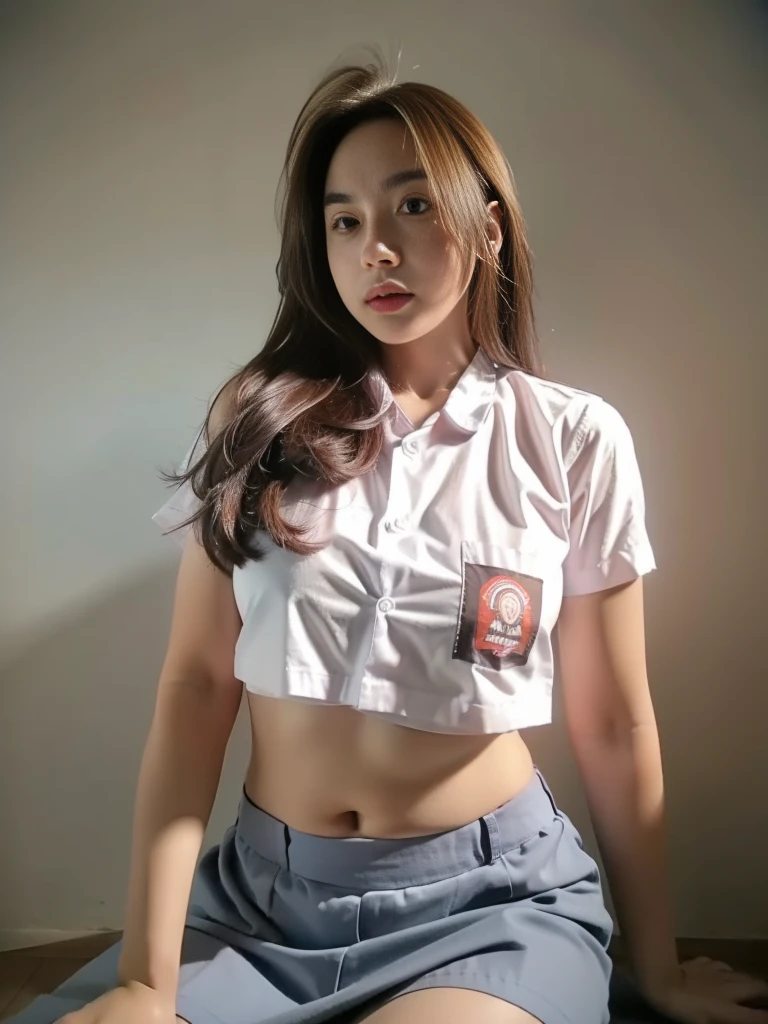 1girl, solo, 19 years old, (uniform), detailed Metropolitan city at the background, portrait, thick breasts, semi-curvy body, Sixpack abs, smooth realistic skin, cute straight face, tight white shirt, grey blue short skirt, looking at the audience, high angle shot,(8k, RAW photo, best quality, masterpiece: 1.3), (realistic, realistic: 1.37), ultra-high resolution, cowboy shot