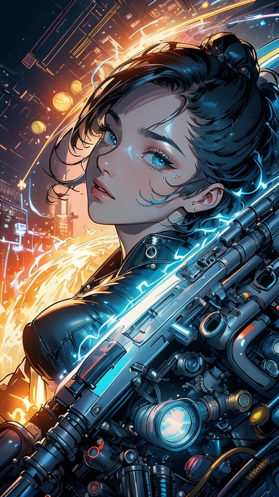 (((masterpiece, highest quality))),(((solo:1.2))),(((1girl:1.2))),32k wallpaper, very detailed, poster, vintage science fiction,(((((geometric cinematic movie poster))))), (bauhaus), shape,(((abstract))),(mid century modern),movie poster,(((((portfolio))))),(((((Close-up))))),(((((bust up))))),((((more various angle)))),(((highlight))),((((heterochromia)))),(((complete. detailed face))),(((Extremely talented))),(((((most complecated machine))))),(lightning ray),(((((unlimited mechanic Workaholic))))),(((Absolutely detailed Mighty machines background))),neon light,((((Dynamic poses))))