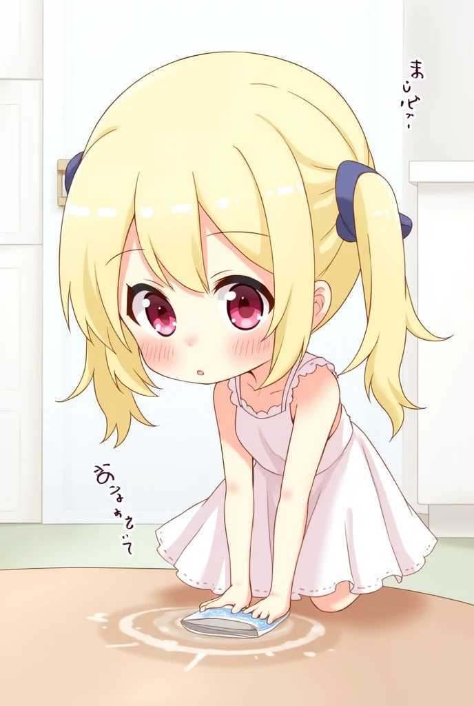 Loli, Blonde hair , pigtails,short dress ,bare shoulders, marked collarbone,lifting the dress,pink pussy ,from bellow, lifting dress, no panties