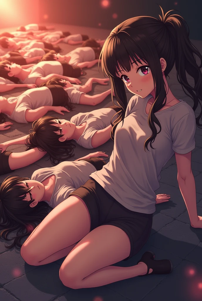 Beautiful girl soldiers wearing compression shorts are killed and annihilated. There is a pile of corpses of beautiful girl soldiers with their eyes closed. Anime style.
