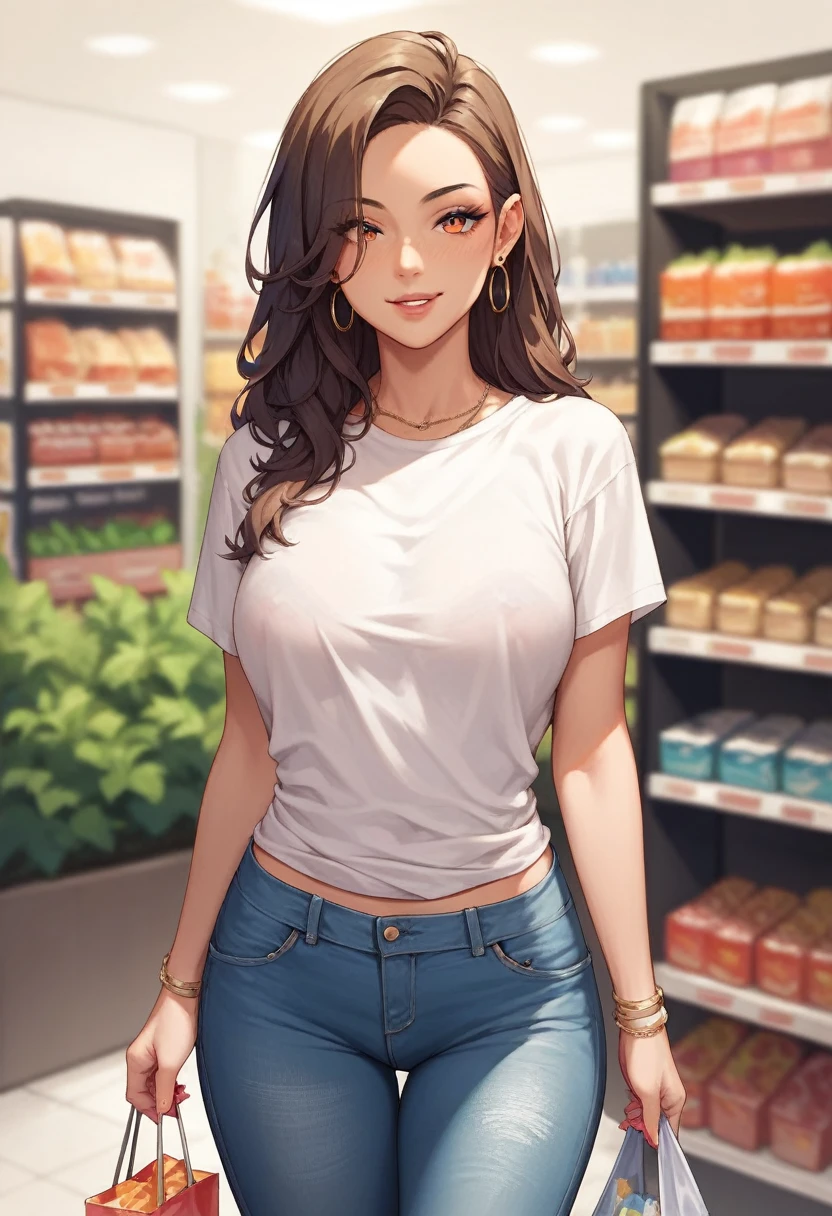 very tall womn at shopping  shirt and jeans