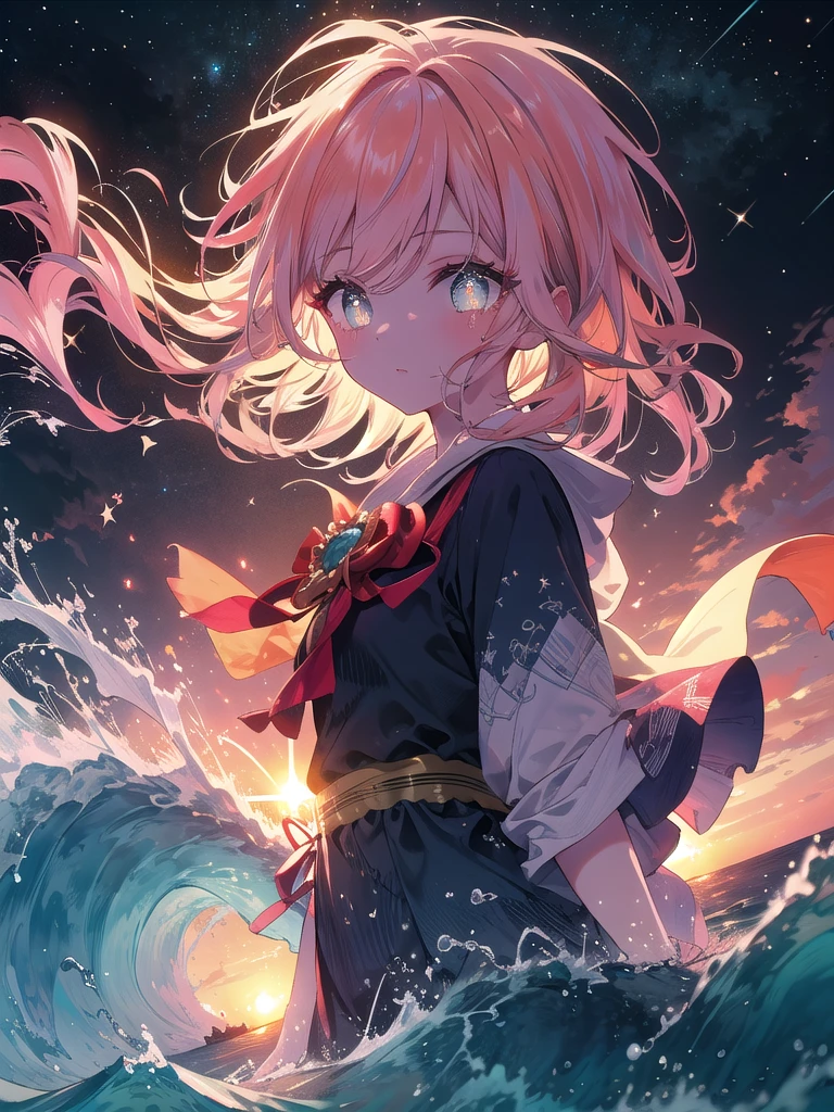 (8K, Best Quality, Masterpiece:1.3)), Ultra High Resolution, (1 Girl, Solo), (Color Changing Eyes, Highly Detailed, Expressive Sparkle, Sparkling Eyes), Highly Detailed Eyes, Highly Detailed Face, Random Hair, (Hair Color, Pastel Color:1.2), (Summer Dress), Background: Uluwatu Temple, Bali, Indonesia. The cliff-top temple stands silhouetted against a golden to deep orange sky at dusk and into the night. Below, waves crash violently, their whitecaps faintly glowing in the darkness. In the distance, the sun sets and stars begin to appear in the sky. The temple lights glow softly, creating a mystical atmosphere.