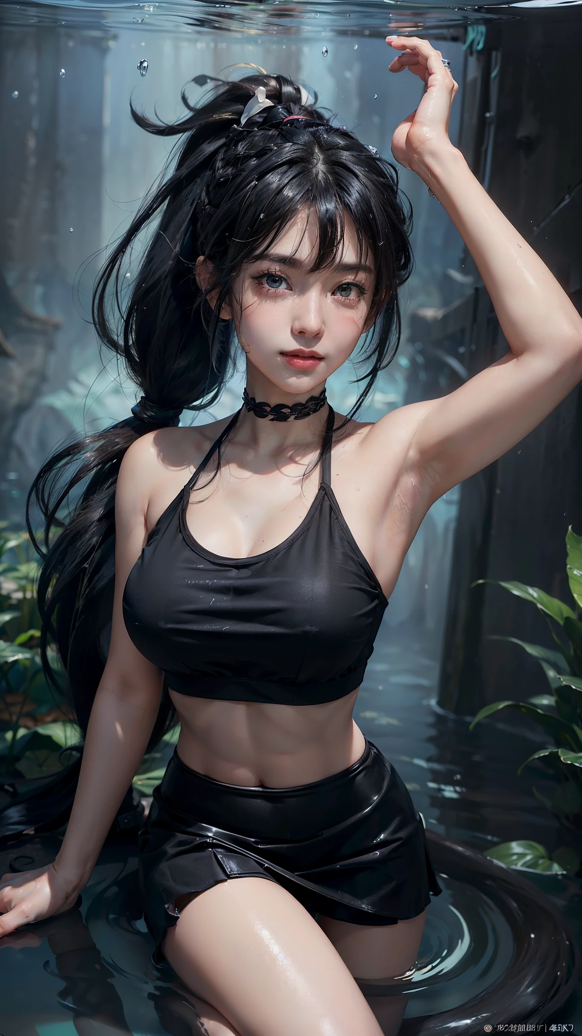 ((masterpiece, highest quality, High resolution, Hmm, Pixel perfect, Depth of written boundary, 4k, RTX, HDR))), 1 Girl, size xxl, chubby, single, alone, Beautiful Anime Girls, Beautiful art style, ((Long Hair, bangs, Black Hair, ponytail:1.5)), (Brown eyes:1.4, Round eyes, Beautiful eyelashes, Realistic eyes, arms up, clean armpits), (Detailed face, ), (Smooth texture:0.75, Realistic texture:0.65, Realistic:1.1, Anime CG Style), Medium breast, (Perfect body ,(Transparent Black Tube Top), mini skirt, smile, Filmed in a tunnel, Submerged in water