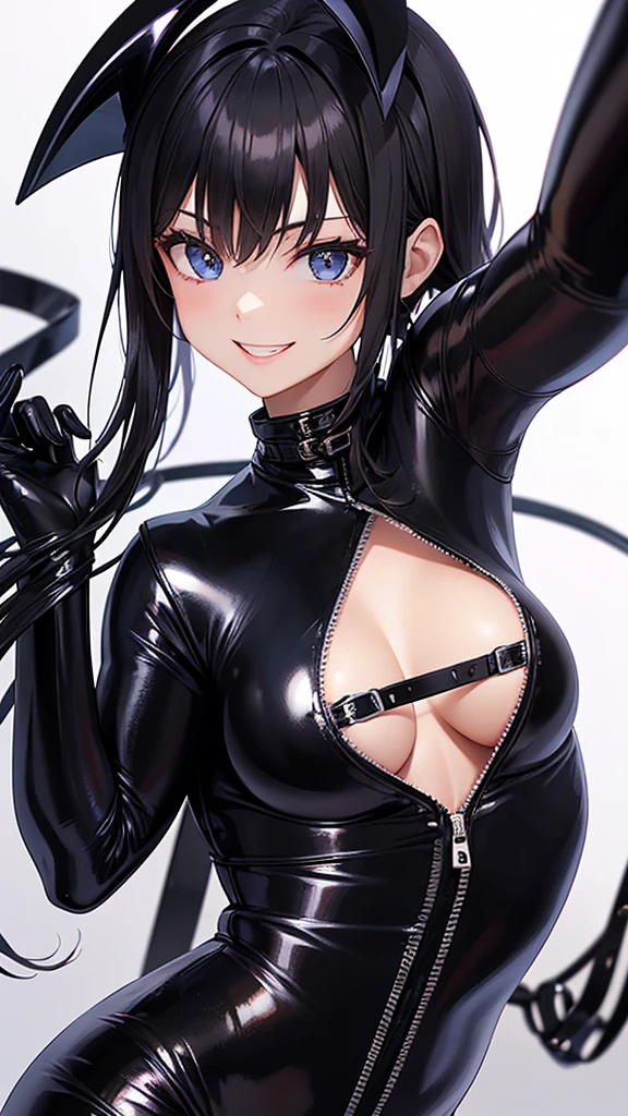 A 20-year-old woman with a sadistic smile chasing you in a shiny black PVC catsuit