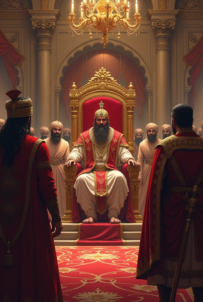 : A grand royal court scene with King Roopsen sitting on a throne, surrounded by ministers. Veervar, a strong and noble Rajput warrior, stands before the king, dressed in traditional warrior attire. The king has a curious expression as he listens to Veervar's unusual request for a thousand tolas of gold.