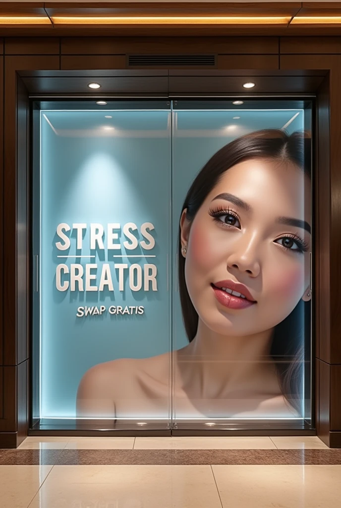 Realistic photo, tipograpy 3D transparent transparent wall very large in a hotel lobby with the word "STRESS CREATOR" with a picture of a very beautiful Indonesian woman, in front of the image with a large 3D letter written "SWAP GRATIS" written in Indonesian is very clear in detail of the writing, with bright lighting