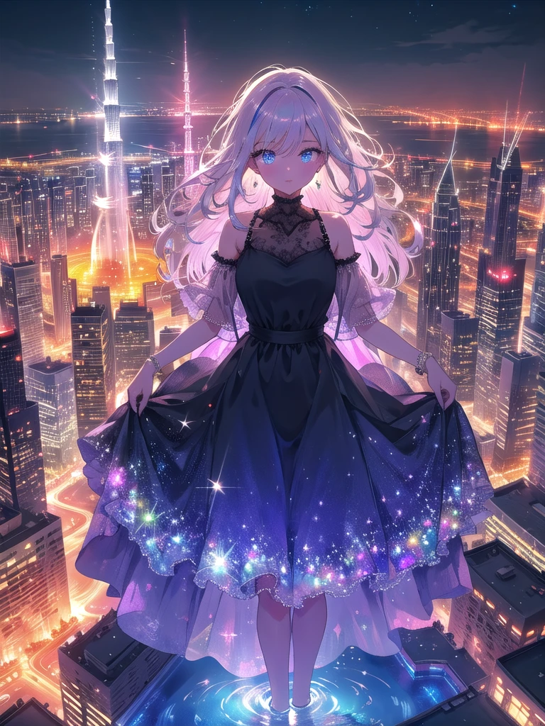 (8K, Best Quality, Masterpiece:1.3)), Ultra High Resolution, (1 Girl, Solo), (Color Changing Eyes, Highly Detailed, Expressive Sparkle, Sparkling Eyes), Highly Detailed Eyes, Highly Detailed Face, Random Hair, (Hair Color, Pastel Color:1.2), (Summer Dress), Background: Burj Khalifa in Dubai, UAE. At night, the world's tallest building is lit up in a variety of colors, creating a spectacular sight as its lights reflect off the surrounding lakes and fountains.