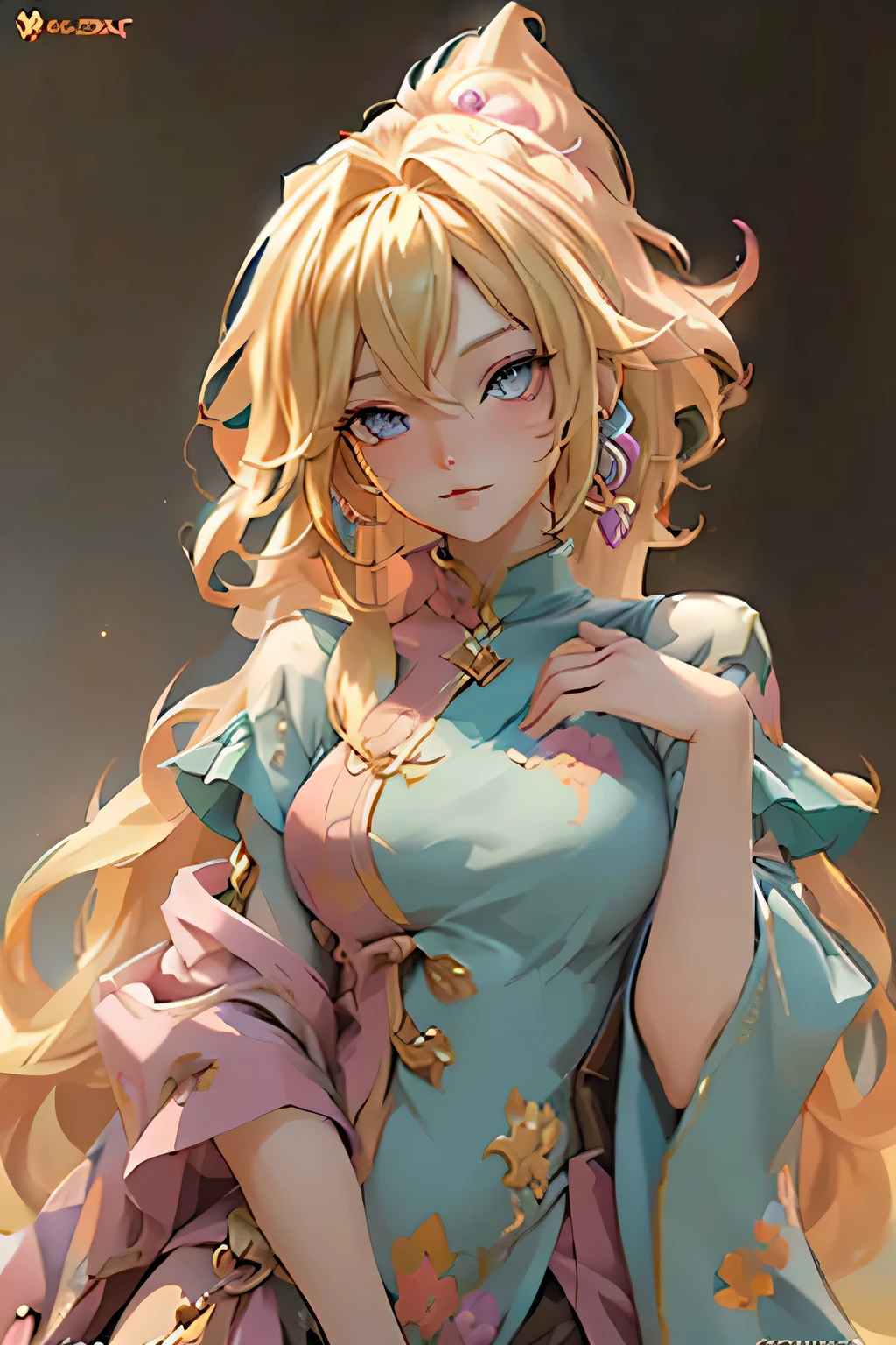 Fantasy art style, colorful drawing, character portrait, female human wizard, blonde curly hair, pastel clothes