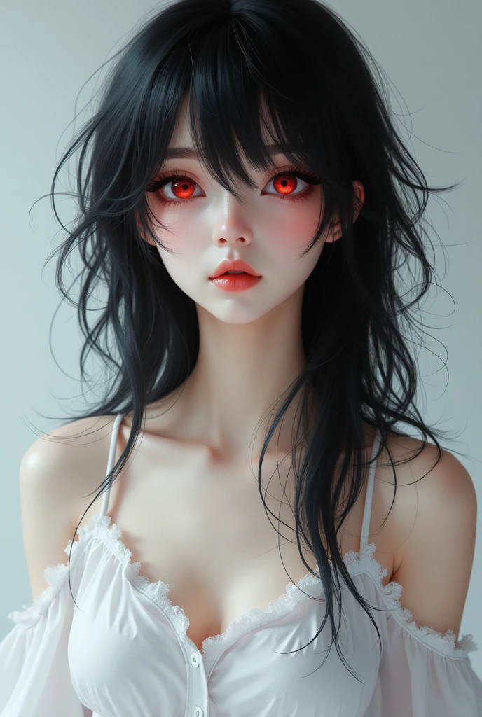 1girl, close up shot, (black sclera), glowing red eyes, black hair, pale skin,