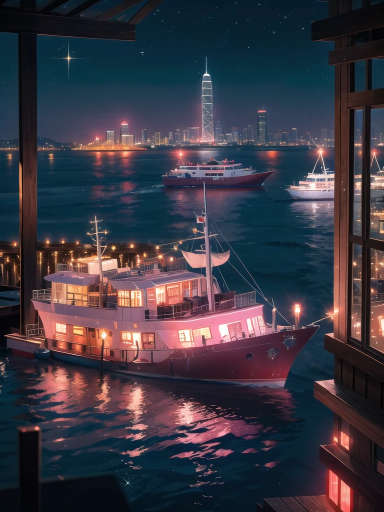 (8K, Best Quality, Masterpiece:1.3)), Ultra High Resolution, (1 Girl, Solo), (Color Changing Eyes, Highly Detailed, Expressive Sparkle, Sparkling Eyes), Highly Detailed Eyes, Highly Detailed Face, Random Hair, (Hair Color, Pastel Color:1.2), (Summer Dress), Victoria Harbor in Hong Kong. At night, the skyscrapers are colorfully lit up and their lights are reflected on the water of the harbor. The nightly "Symphony of Lights" laser show creates a light and sound show against the backdrop of the buildings. Boats and ferries quietly come and go, creating a moving night view.