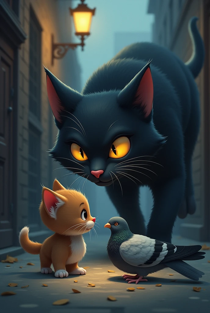 "The kitten and his pigeon encounter a larger, meaner alley cat with a menacing look. This bully cat approaches with an intimidating presence, mocking the small kitten’s attachment to the pigeon. The tension rises as the kitten tries to protect his bird. The alley is dark, with shadows cast by a flickering streetlight, enhancing the sense of danger."