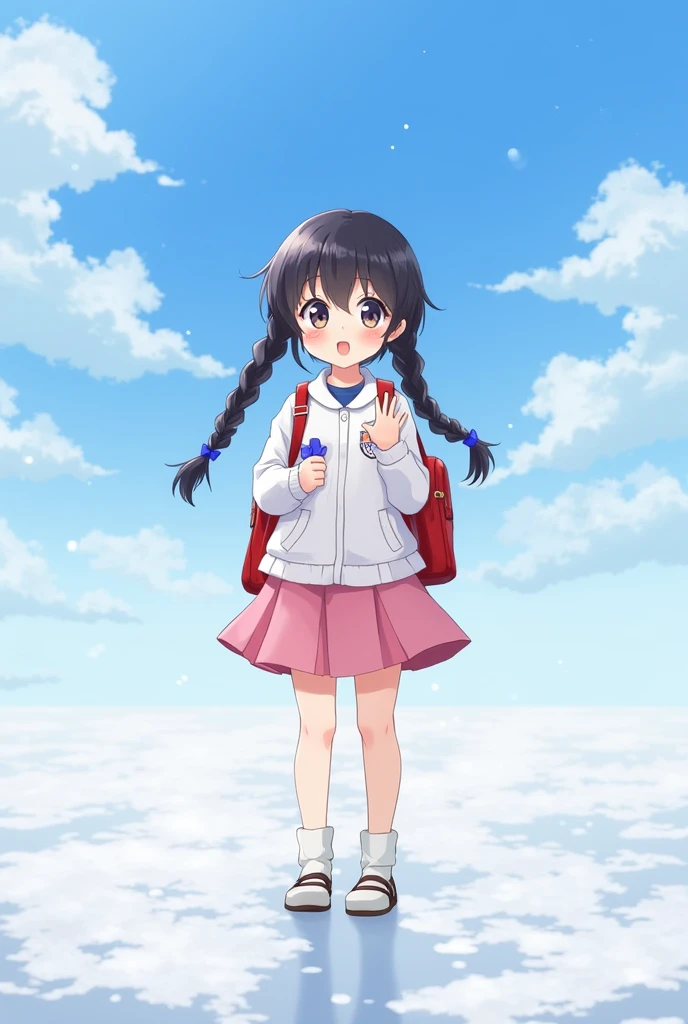 (alone:1.5),girl1人\(very cute),like,Soft Skin,(girl:2.0),red面,child,Dark Eyes,Black Hair,Shiny Hair,Braided twin tails,Pink Skirt,White jacket(Blue Ribbon\),Japanese school bags(red\), Character Focus,Front view,Cute Smile,Please wave your right hand,Exhale white breath,Ministry of Rural Affairs,shining white snow,blue sky,Beautiful Clouds,quality\(8k,Very detailedなCGユニットの壁紙, masterpiece,High resolution,top-quality,top-quality real texture skin,Surreal,Increase the resolution,RAW Photos,highest quality,Very detailed,Cinema Lighting,Ray Tracing,)