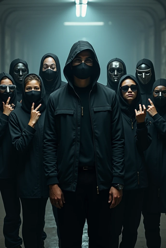 Here's an updated description you can use:

"Generate an image of the Hidden Chronicles, a group of 10 members. The group consists of one adult and nine students from grades 6 to 8. They are all wearing sleek, modern masks, adding to their mysterious vibe. The members are striking cool poses, with some making hand signs like peace signs, rock and roll gestures, or. The adult stands confidently among them, leading the group. The background is dark and atmospheric, with subtle lighting that emphasizes their presence, creating a sense of a secret, underground movement."