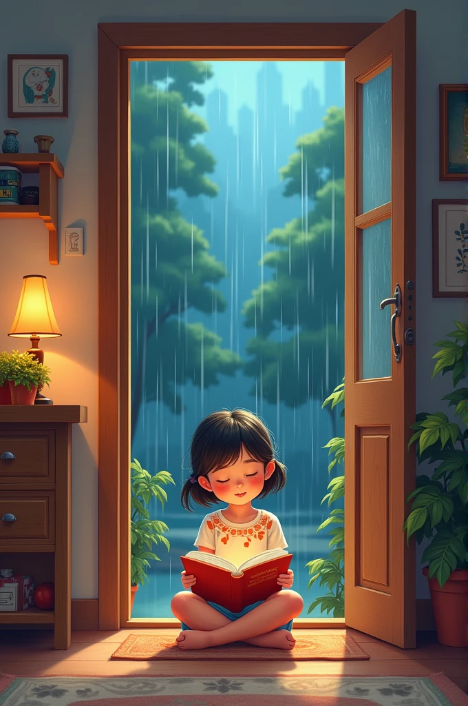 A young girl sit in the house entering the door infront of door fully rain that girl reading book and colour image and high-quality image cartoon type images