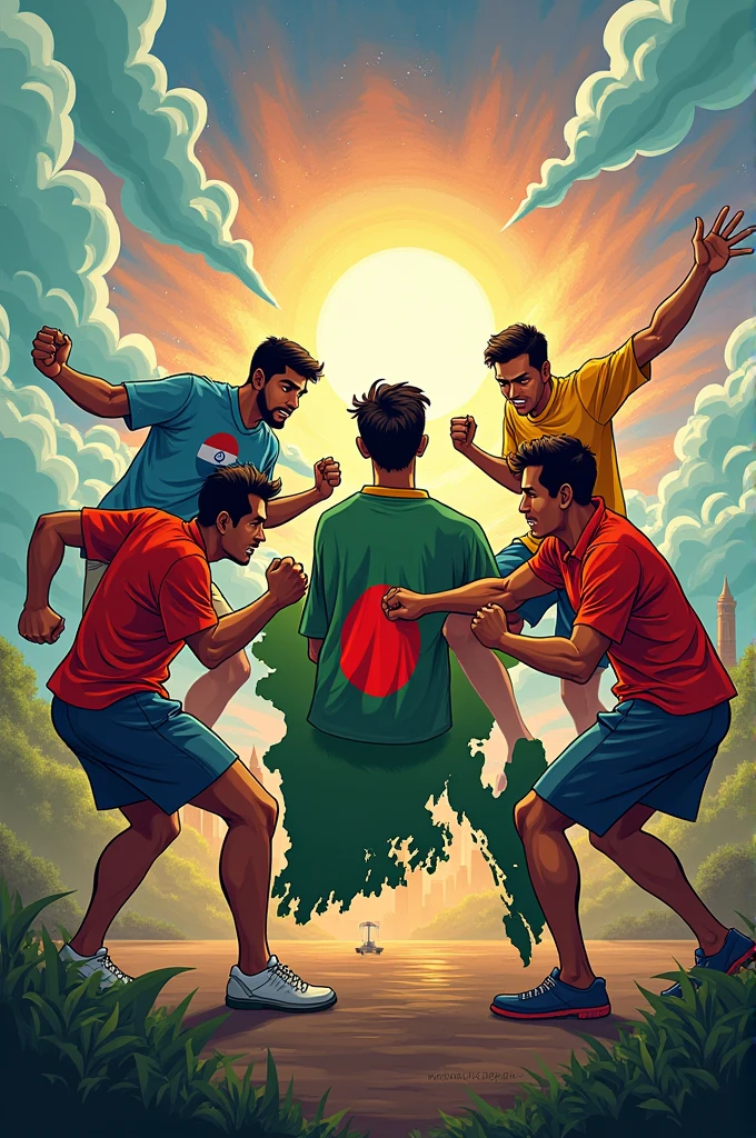 One frame 5 person 
First person Name is India, Second Person name is US, 3rd person name is  Awamileauge
4th person name is BNP and Last person name is Jamayet 
Each person fight for Bangladesh Map 
4k cartoon generator and vector art 
Every person name given on there shirt 