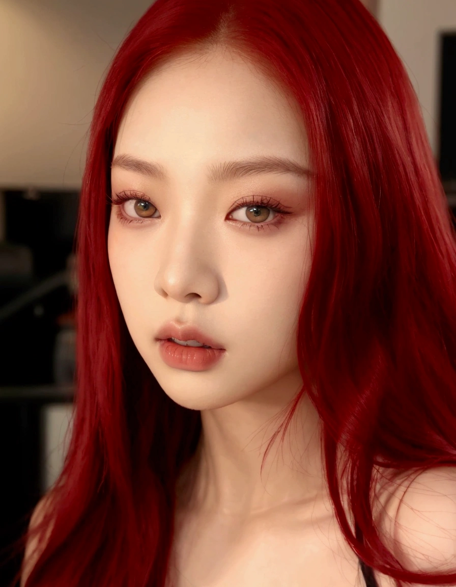 a close up of a woman with red hair and a black top, jennie do blackpink, parque roseanne de blackpink, portrait of jossi do blackpink, jennie blackpink, with red hair, red hue, strong red hue, rot pálido, light red hair, popular south Korean makeup, sun yunjoo, Jaeyeon Nam, veludo rot, cabelo tingido de rot, rot, ulzzang girl, green eyes