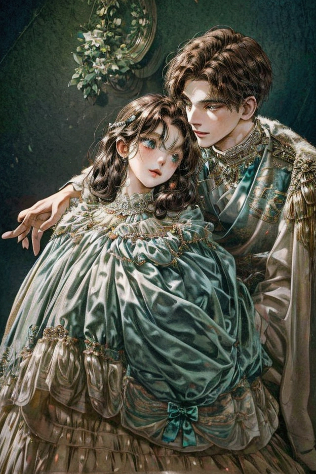 oil painting of beautiful girl with brown hair and blunt bangs, emerald eye, and elegant blue and white gown, holding her beloved unknown man, with lovey-dovey face.
