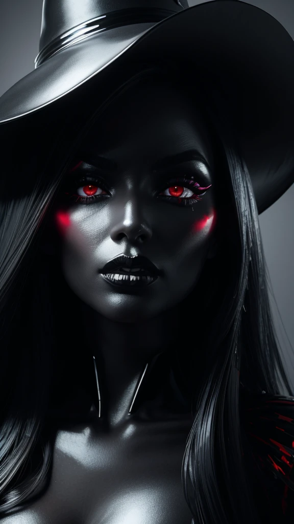 close-up of woman wearing black wide-brimmed hat and silver-gold makeup, with black and red shiny lips, Dramatic lighting on the face, dark makeup, high fashion photography, black makeup, high contrast dramatic lighting, futuristic look, dark makeup on her face, Dark Beauty, futuristic dramatic lighting,  shiny black lipstick, gothic and futuristic, black lipstick, dark makeup