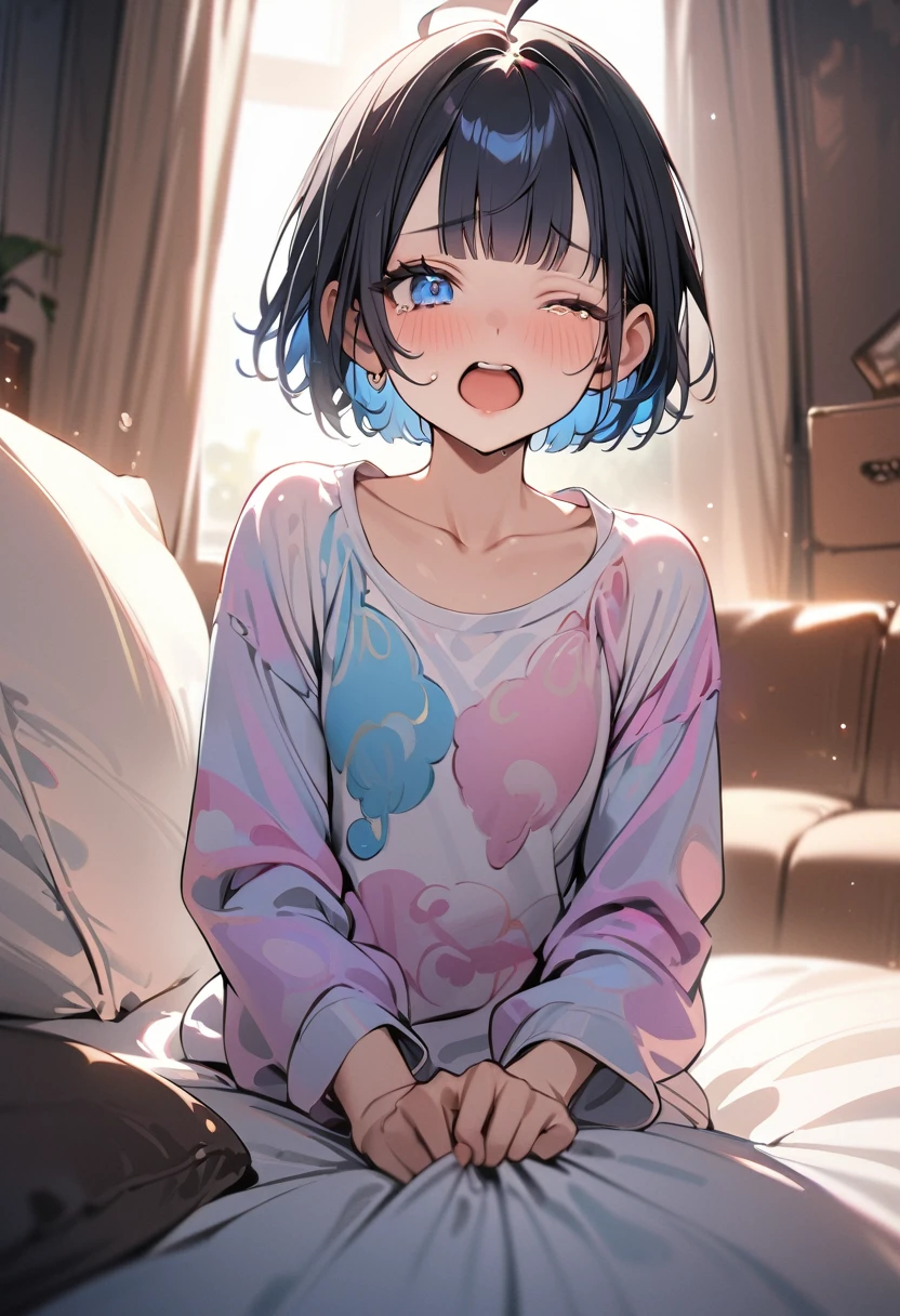 (masterpiece, best quality:1.5), (high resolution 8K), detailed eyes and face, detailed body,
BREAK (extra short hair:2.0), (blunt bangs:1.5), black hair, (inner blue color hair:1.2), blue eyes, , flat chest,
BREAK cozy pajamas, one eye closed, tears, yawn, ahoge,
BREAK indoors, living room,