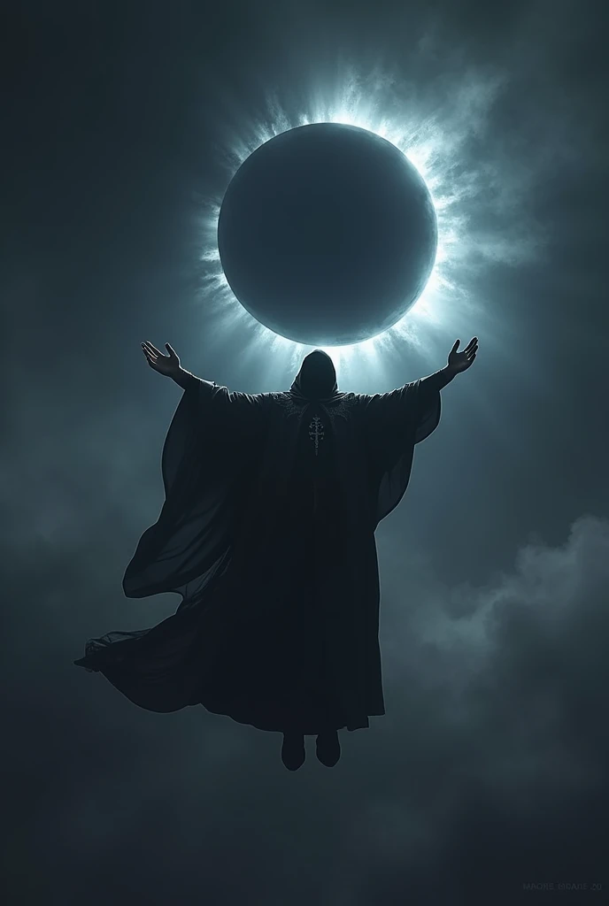 a wizard with open arms levitating in the heavens, black cape, facing a black eclipse while the sky is black