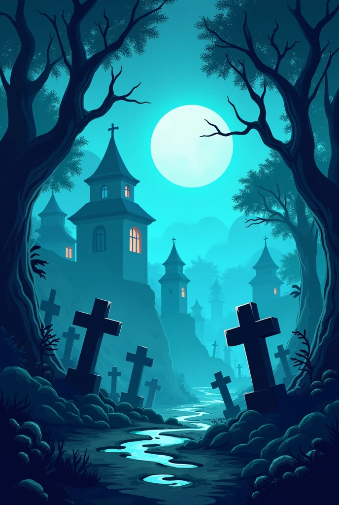 A cyan city in the foreground，There are many tombstones, background artwork, background art, video game background, 2D game background, mobile game background, flat 2 d vector art, 2D game art background, Night forest background, Night village background, There&#39;s cyan slime everywhere, cyan slime dripping, Lush Alien Landscape, Random background scene, forest punk background