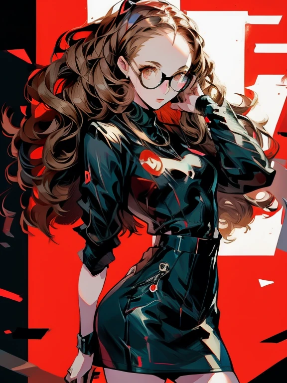 ((chibi)), big head, focus face, chibi, cute, in the art style of persona5, (masterpiece:1.2, highest quality), (Realistic, photoRealistic:1.4), Beautiful illustrations, (Natural Side Lighting, Cinema Lighting), Written boundary depth, Beautiful thighs staring at the viewer, 1 female, 20-year-old, alone, thin, slender, (small breasts), long Hair, Curly Hair, Forehead, Forehead, Forehead, Forehead, thin, slender, glasses, blouse, sexy pencil skirt, Are standing