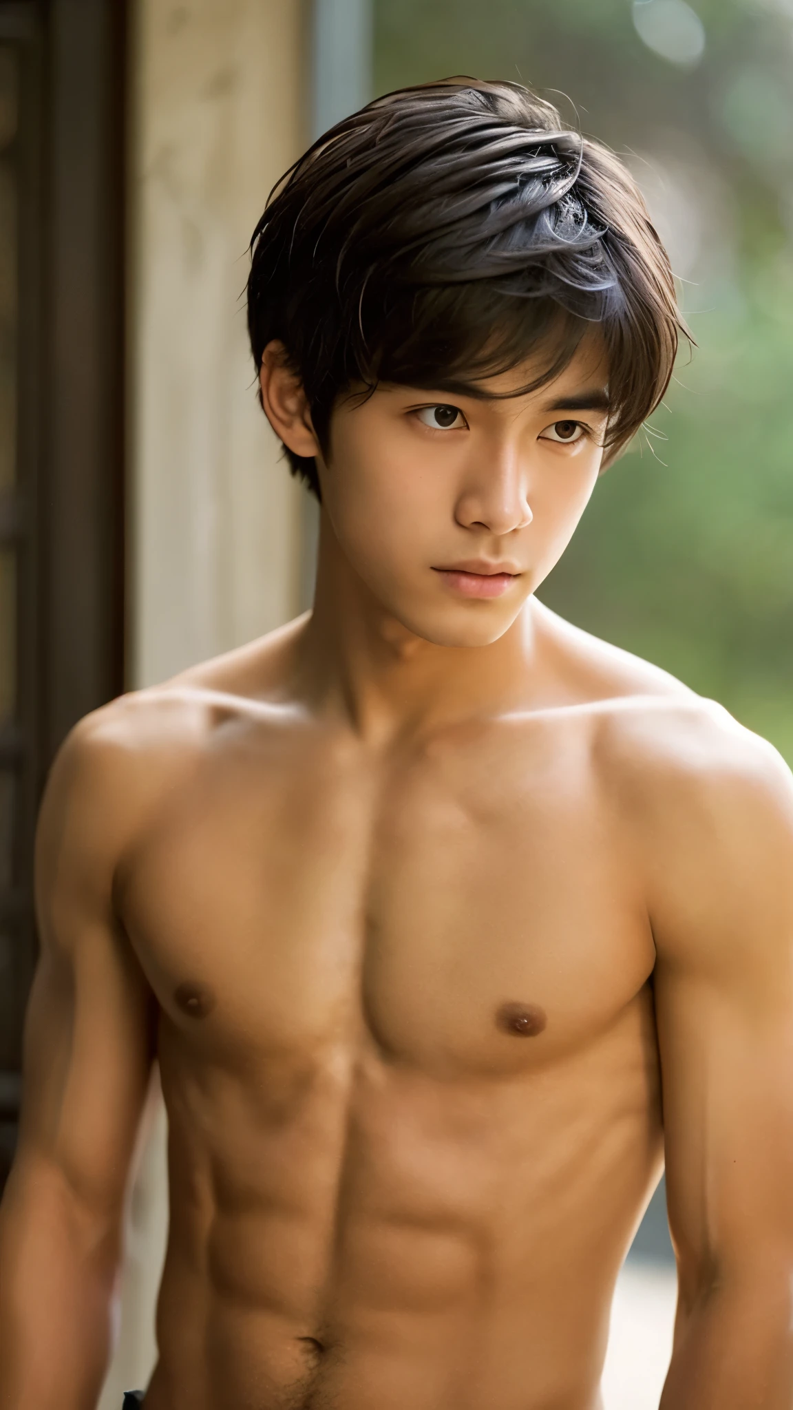 Create an image of a young man in his late teens, standing shirtless. He has a lean, slightly muscular build, with a smooth and fair complexion. His hair is light brown, a bit tousled, giving him a casual and approachable look. His expression is gentle and a bit shy, with warm eyes that reflect vulnerability. The lighting is soft, highlighting the subtle definition of his muscles and his youthful, innocent appearance.