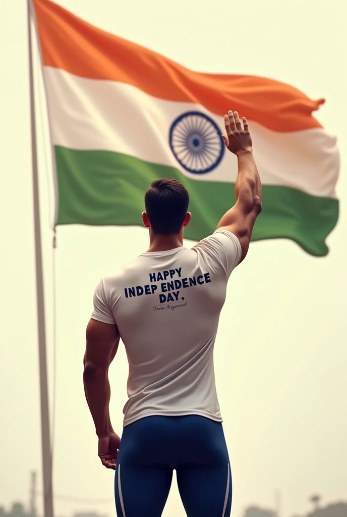 A athlete man saluting the Indian flag, with 'HAPPY INDEPENDENCE DAY' and the name 'Prem Aggarwal' written on the back of his t-shirt.