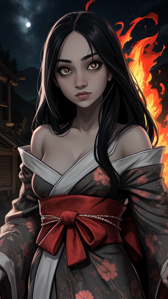 Hisako,grey skin, very long hair, white pupils, scars, glowing red fire eyes,  black sclera, 
White kimono with floral print,off shoulder,torn clothes, crazy smile,sharp teeth,open mouth,
looking at viewer,
japanese ghost village,night sky,
standing,upper body,
(insanely detailed, beautiful detailed face, masterpiece, best quality) cinematic lighting,solo,