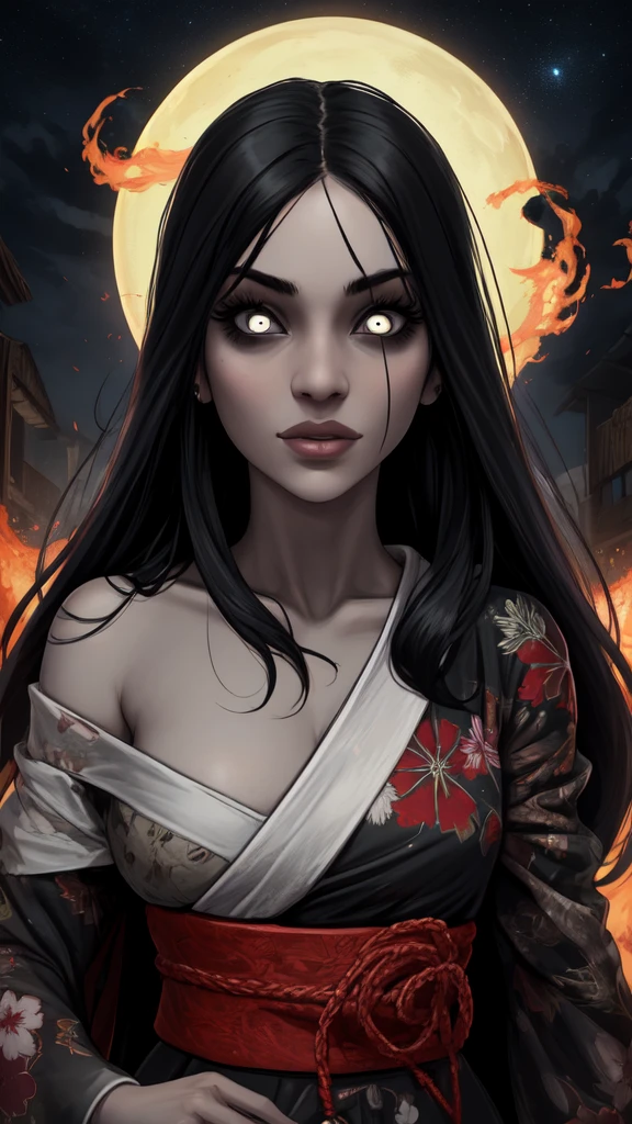 Hisako,grey skin, very long hair, white pupils, scars, glowing red fire eyes, black sclera,
White kimono with floral print,off shoulder,torn clothes, crazy smile,sharp teeth,open mouth,
looking at viewer,
japanese ghost village,night sky,
standing,upper body,
(insanely detailed, beautiful detailed face, masterpiece, best quality) cinematic lighting,solo,