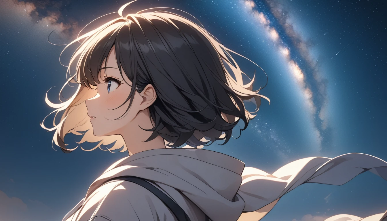 Starry Sky、milky way、One woman、Black Hair、Short Hair、Hair blowing in the wind、profile、Wearing a hoodie、Back view、Upper Body、Low - Angle