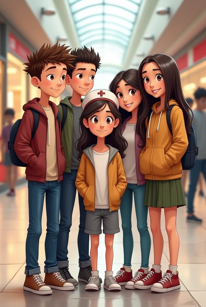 selfie picture. detailed group picture, cartoon animated picture, indoor scene. Five friends, all characters should have same height, same tall. two boys and three girls, stand together in a shopping mall, all facing forward. They are all wearing casual outfits and have fair skin. The first boy has short, spiky hair, the second boy has messy, curly hair, and the girls have long, dark hair. The background showcases a shopping mall with a crowded area. The ground appears wet, reflecting the surroundings. characters shouldn't be touching each other, and one girl should be in the middle with wearing a nursing cap. 
