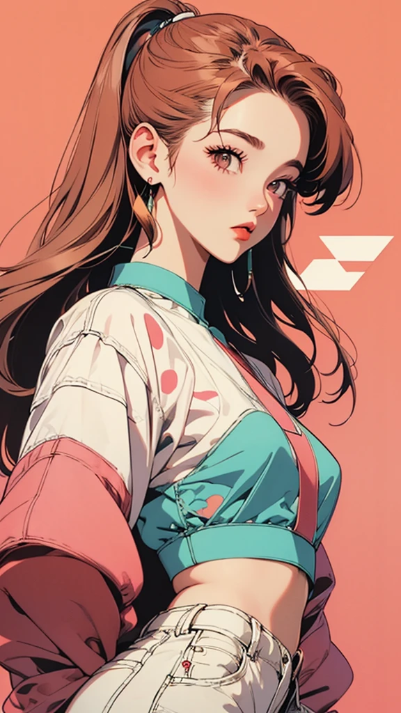 woman, 90's, retro, crop top, (flat colors, flat texture, lineart:1.2), , graphical design,
1990s fashion、、Portraiture、Best image quality、masterpiece、Looking at the front、Looking straight ahead、(Face close-up 1.5)