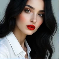 black hair, white woman, red eyes, white clothes
